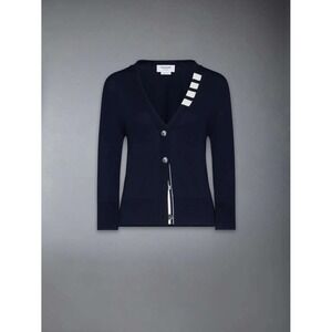 Thom Browne Jersey Stitch 3/4 Sleeve VNeck Cardigan Cotton w/ 4 Bar Stripes NWOT
